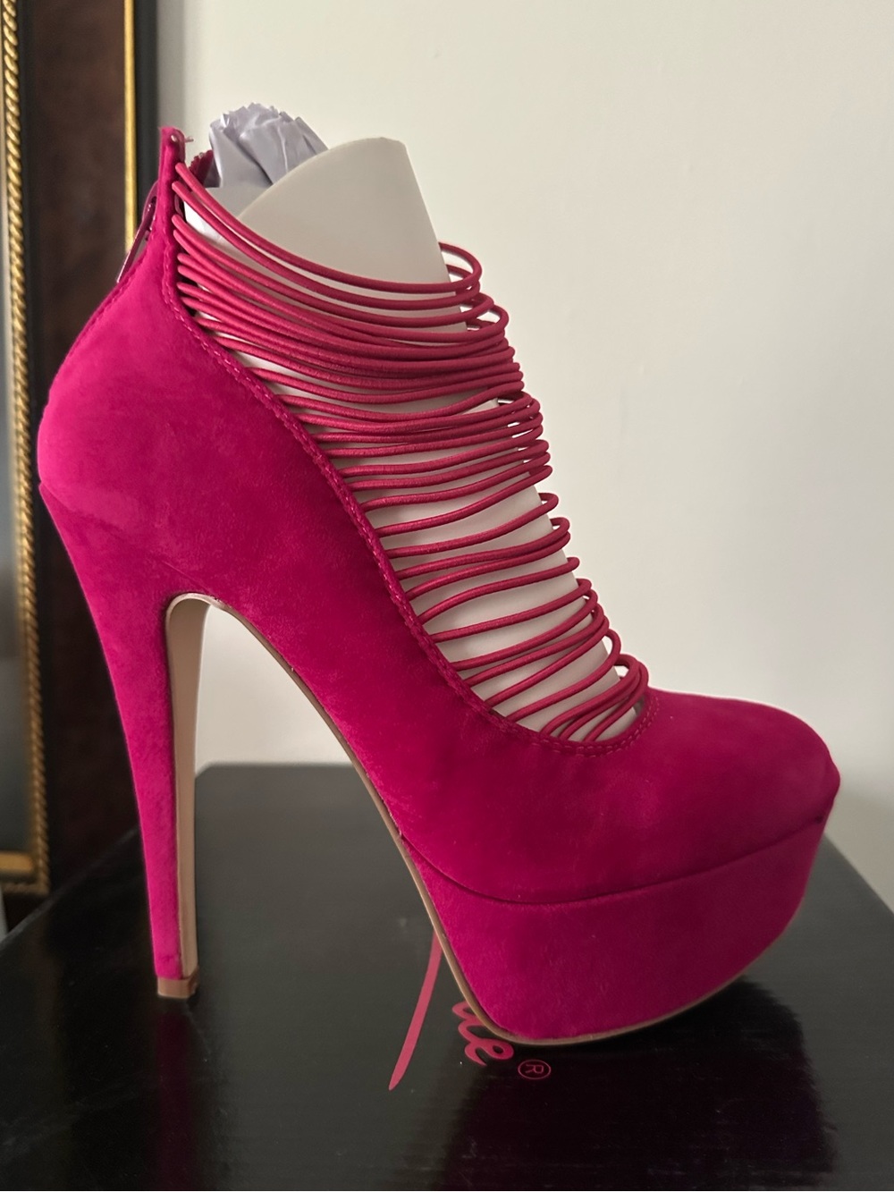 Anne Michelle Hot Pink Suede Platform Stiletto with Strappy Cage